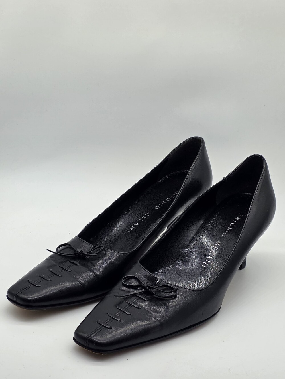 Antonio Melani Black Leather Square Toe Bow Kitten Heel Pumps Shoes Size 7.5
